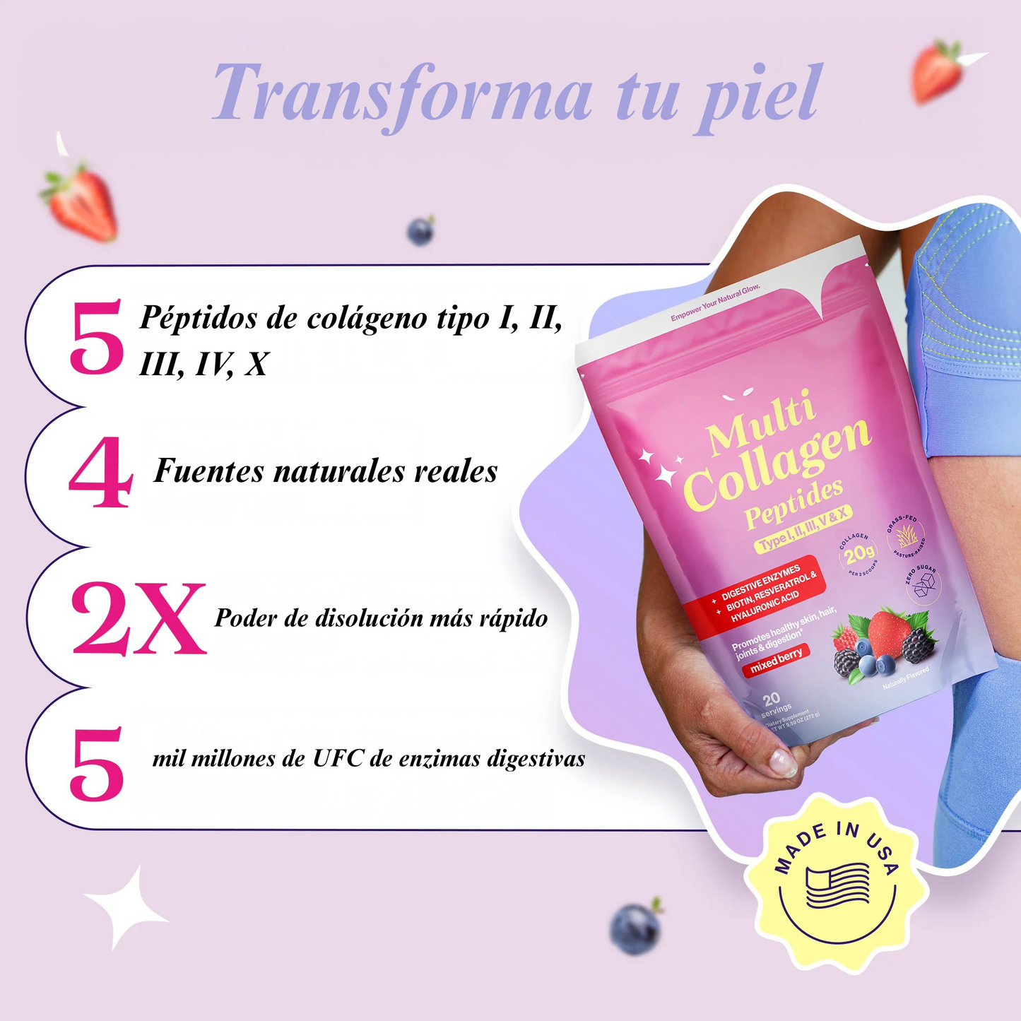 Merraci™ Colágeno – 5 Tipos + Enzimas, Sin Azúcares Artificiales